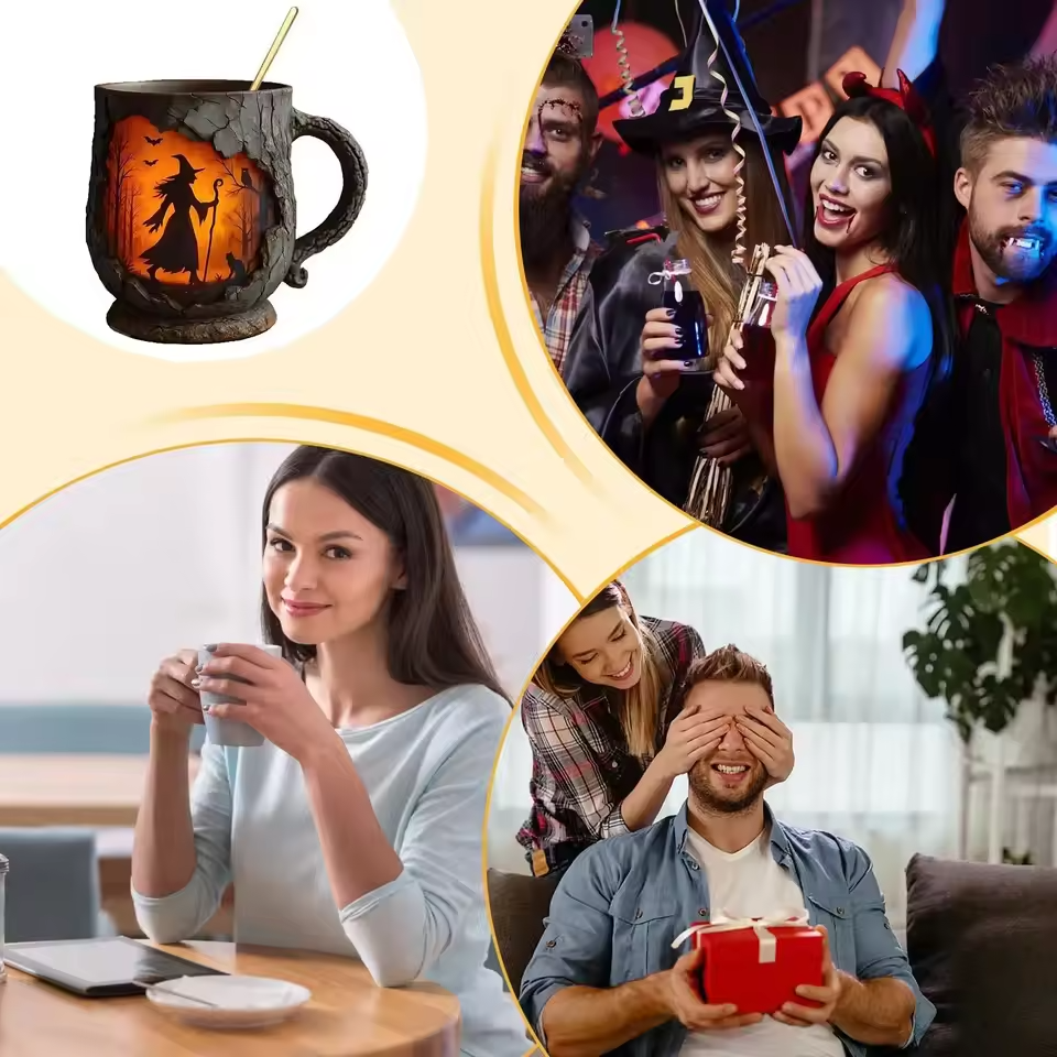 Artisan 3D Halloween Mug โ Featuring Witch and Cat Design