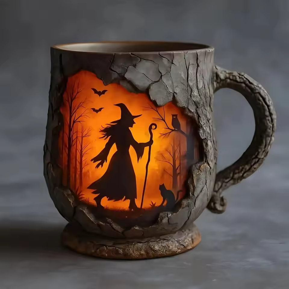 Artisan 3D Halloween Mug – Featuring Witch and Cat Design
